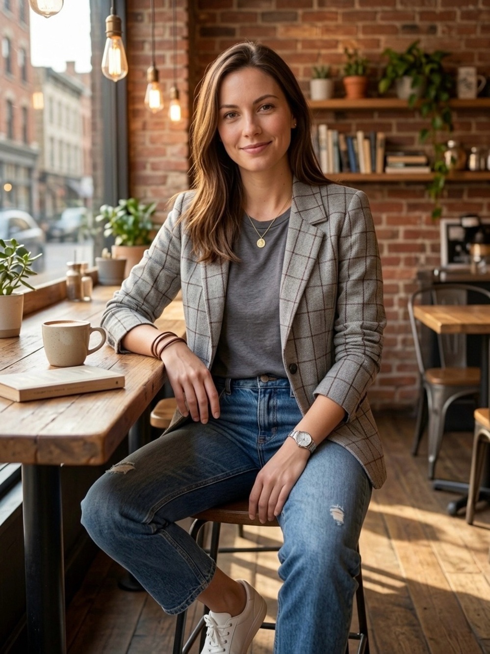 Women’s Gray Windowpane Blazer with Subtle Brown Accents